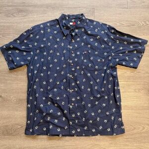 Vintage 90s Tommy Hilfiger Shirt XL Navy Blue White Floral Button Down Cotton